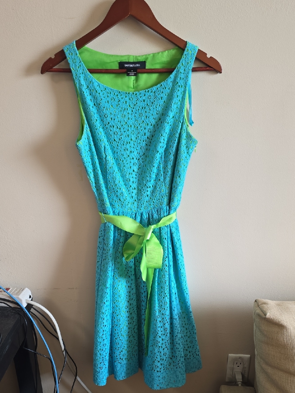 Siena Studio Aqua Lace Dress with Lime Green Lining